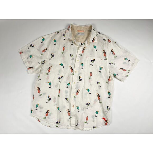 Tommy Bahama Men’s Linen Shirt L | Toucan Cocktail Print Short Sleeve Button-Up - Picture 2 of 7